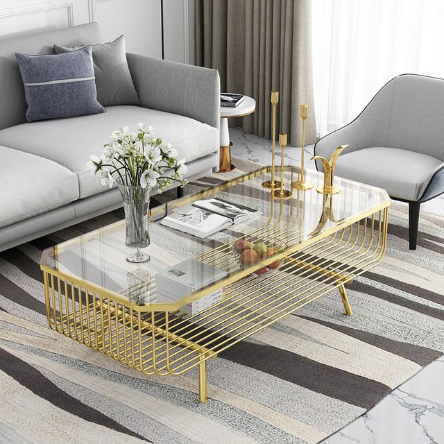 Rectangular  Gold Centre Table For Leaving Room With Glass Top