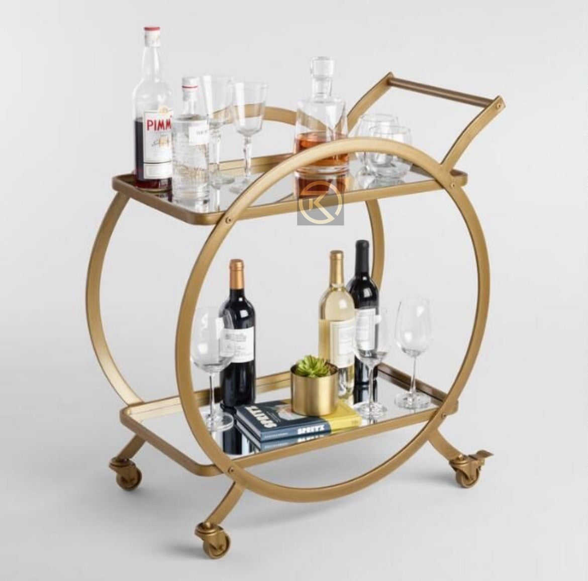 Circular Piped Shaped Movable Bar Trolley, Gold