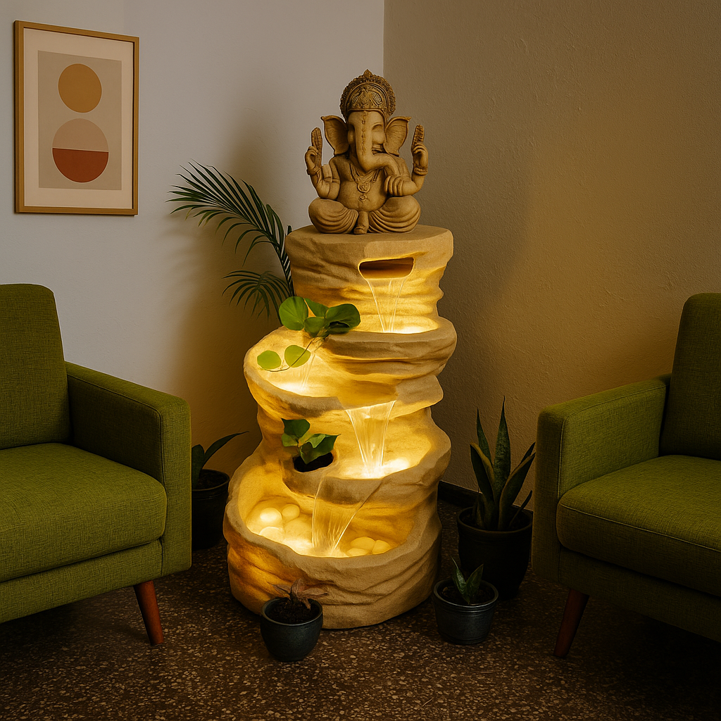 PC Home Decor | Big Spiral Ganesha Mountain Fountain with LED, White