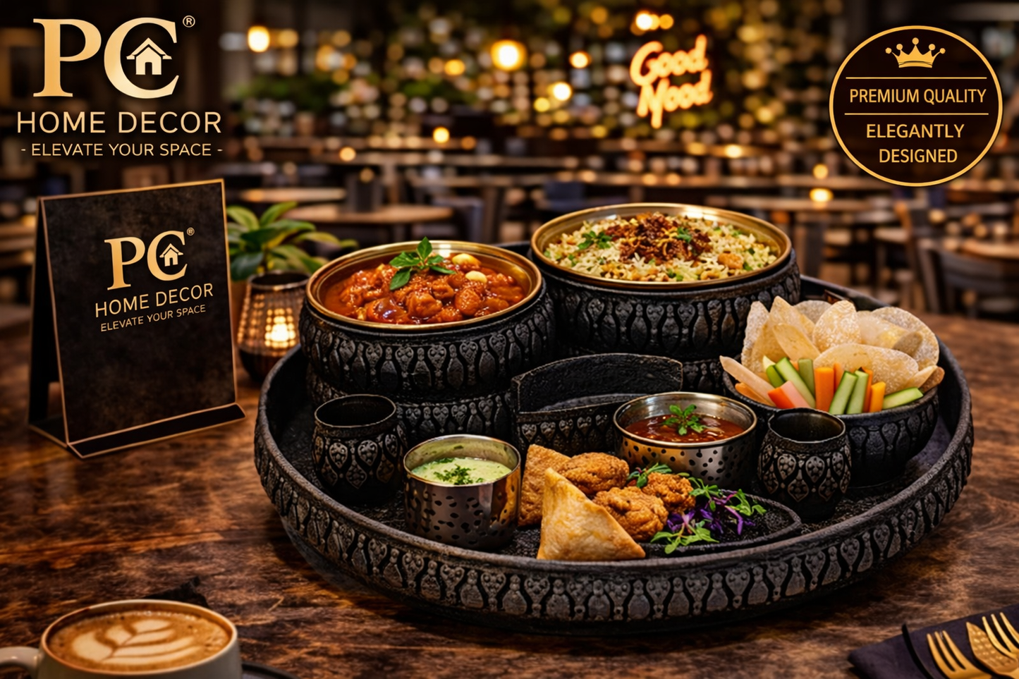 PC Home Decor Snack Warmer Platter Set (15×15×4 Inches) with 2 Hot Plates, Dip Bowls & Serving Accessories