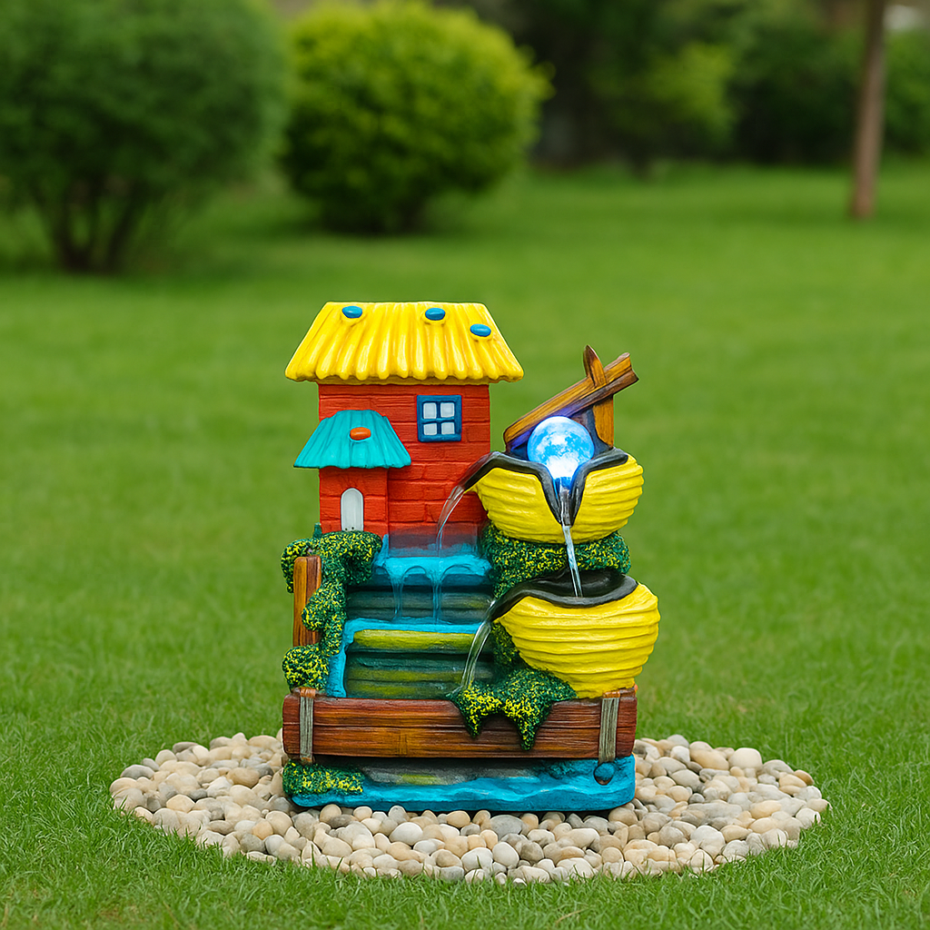 PC Home Decor | House with Spiral Fountain, Yellow and Red