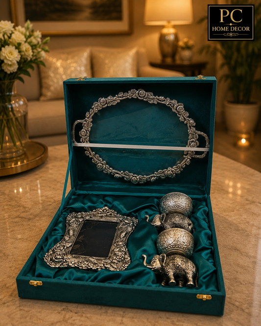 Exclusive German Silver Hand Engraved Elephant bowl pair and Photo frame in premium box packing