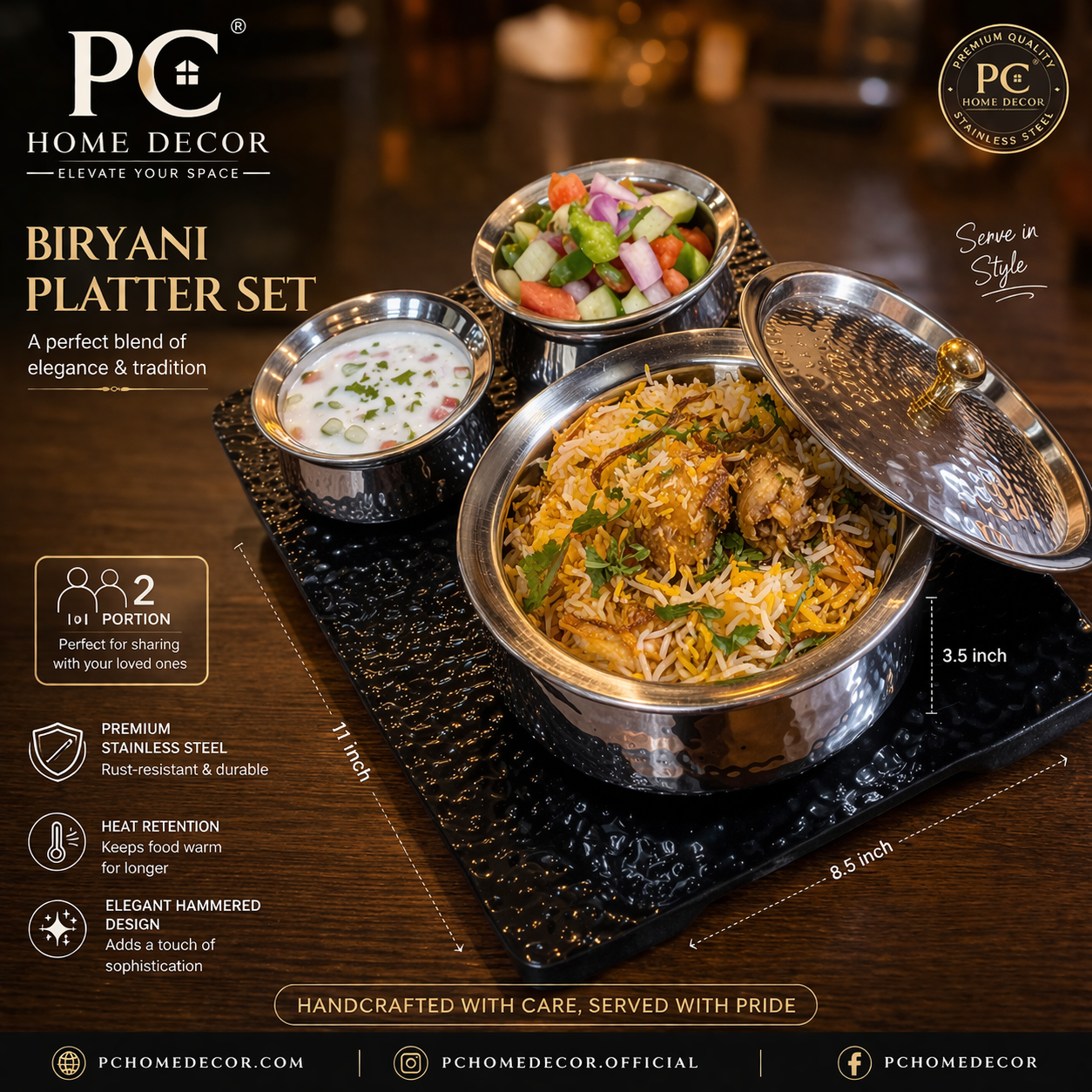 Premium Biryani Platter Set with 2 Portion Rice Handi (8.5×11×3.5 Inches)