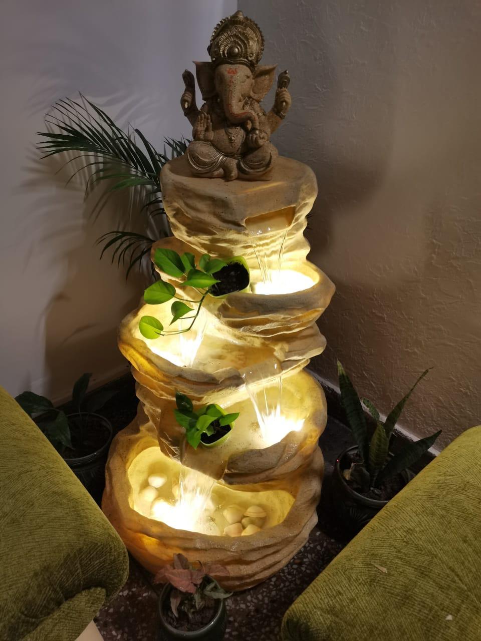 PC Home Decor | Big Spiral Ganesha Mountain Fountain with LED, White