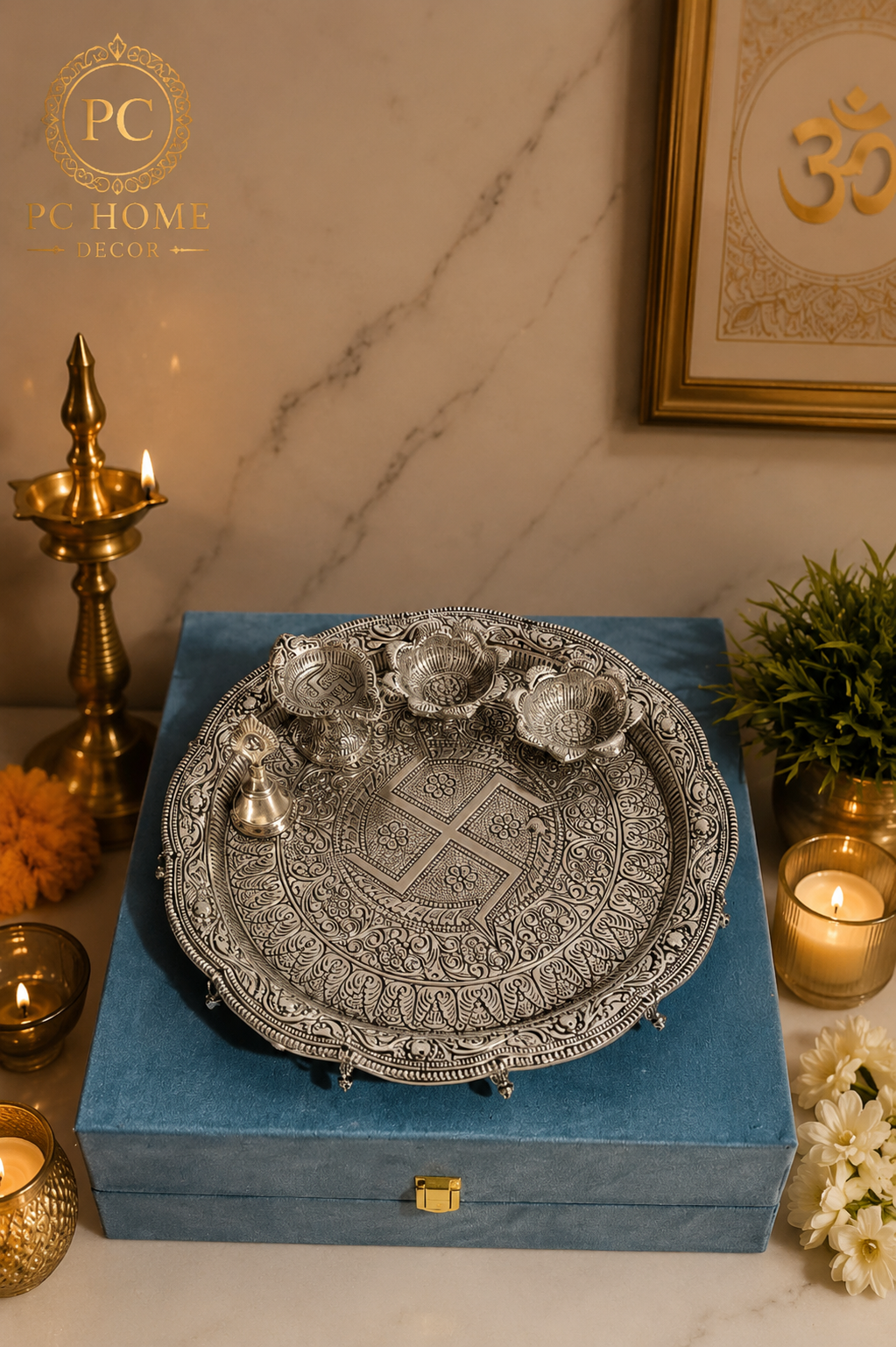 Royal German Silver Pooja Thali Set with Premium Velvet Box | Complete Pooja Gift Set | PC HOME DECOR