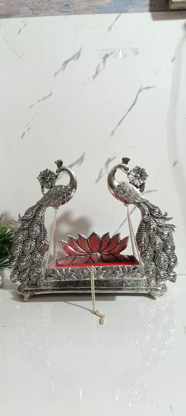 German Silver Plated Jumbo Peacock Laddu Gopal Jhula – 17×14 Inch 🦚✨