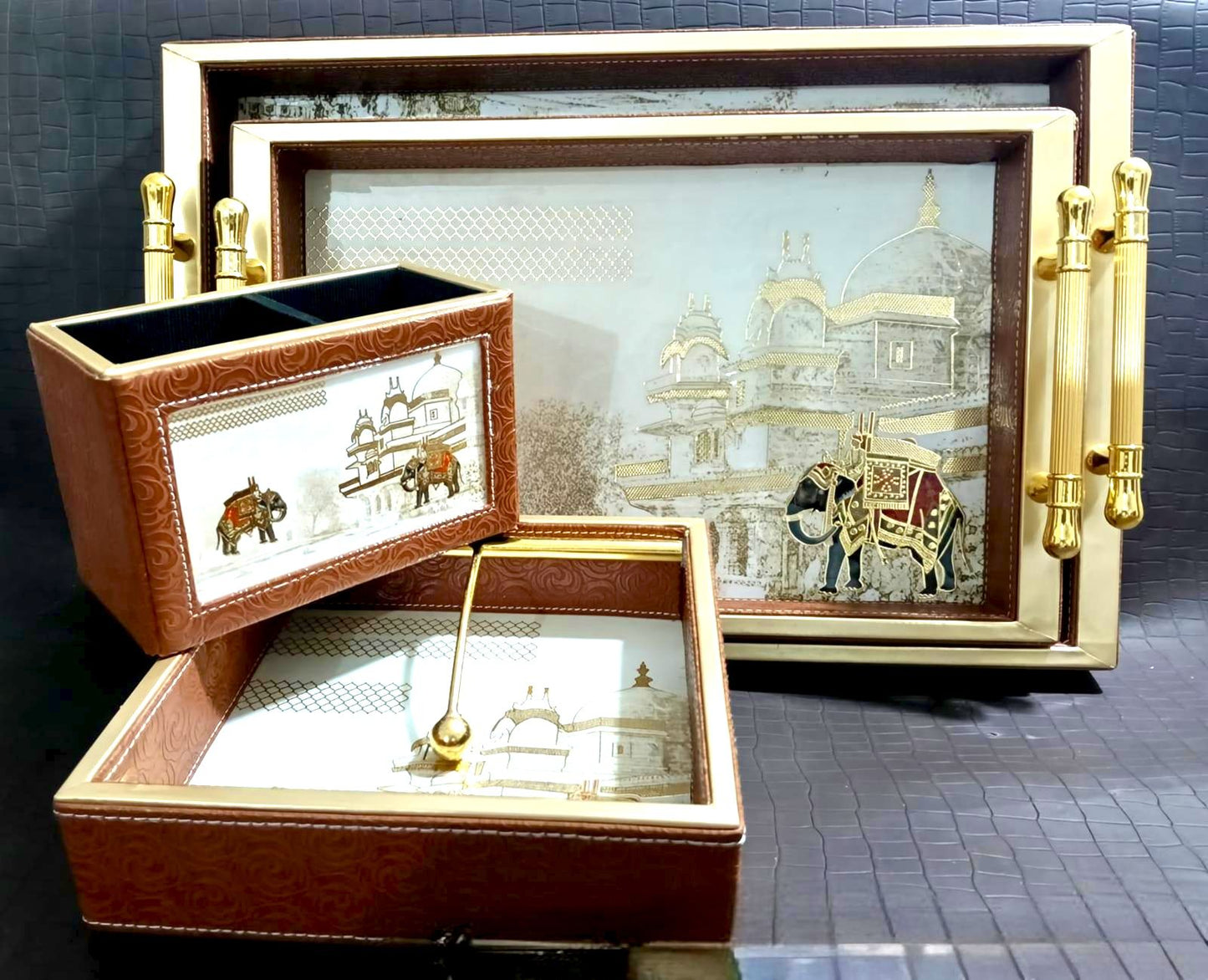 Luxury Leathered Tray Combo Set with Resin Top | Premium 4-Piece Serving & Organizer Collection