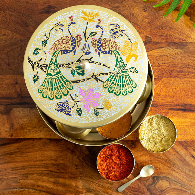 Royal Peacock Meenakari Brass Masala Box