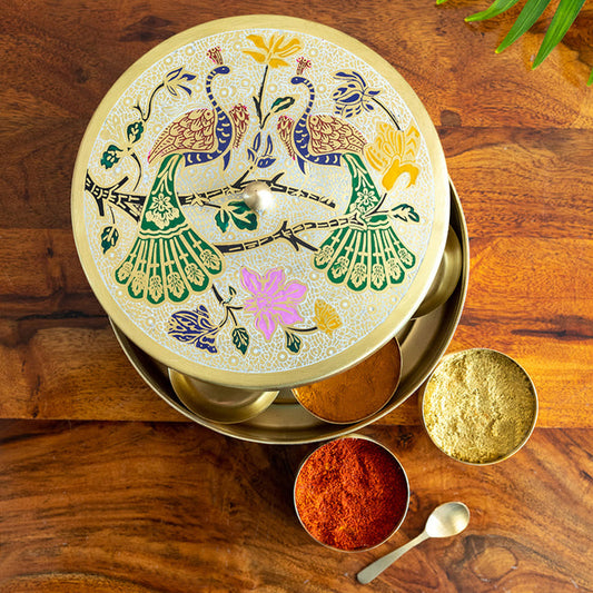 Royal Peacock Meenakari Brass Masala Box