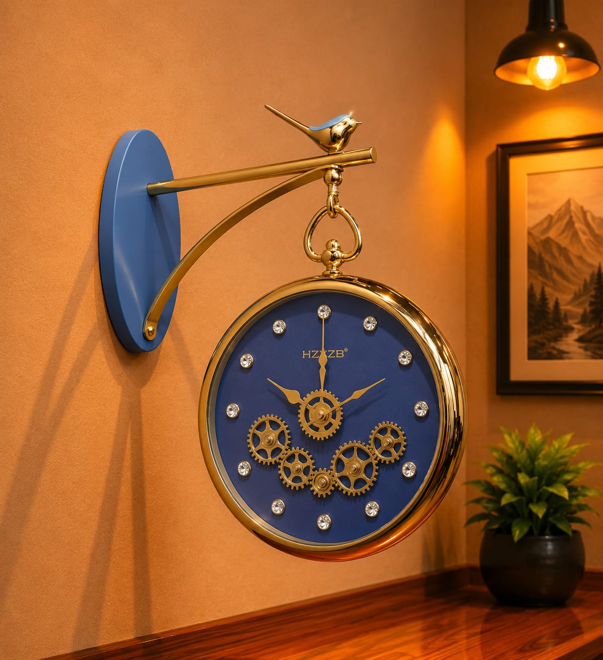 Moving Gear station Dual Dial Bird Pattern Wall Clock