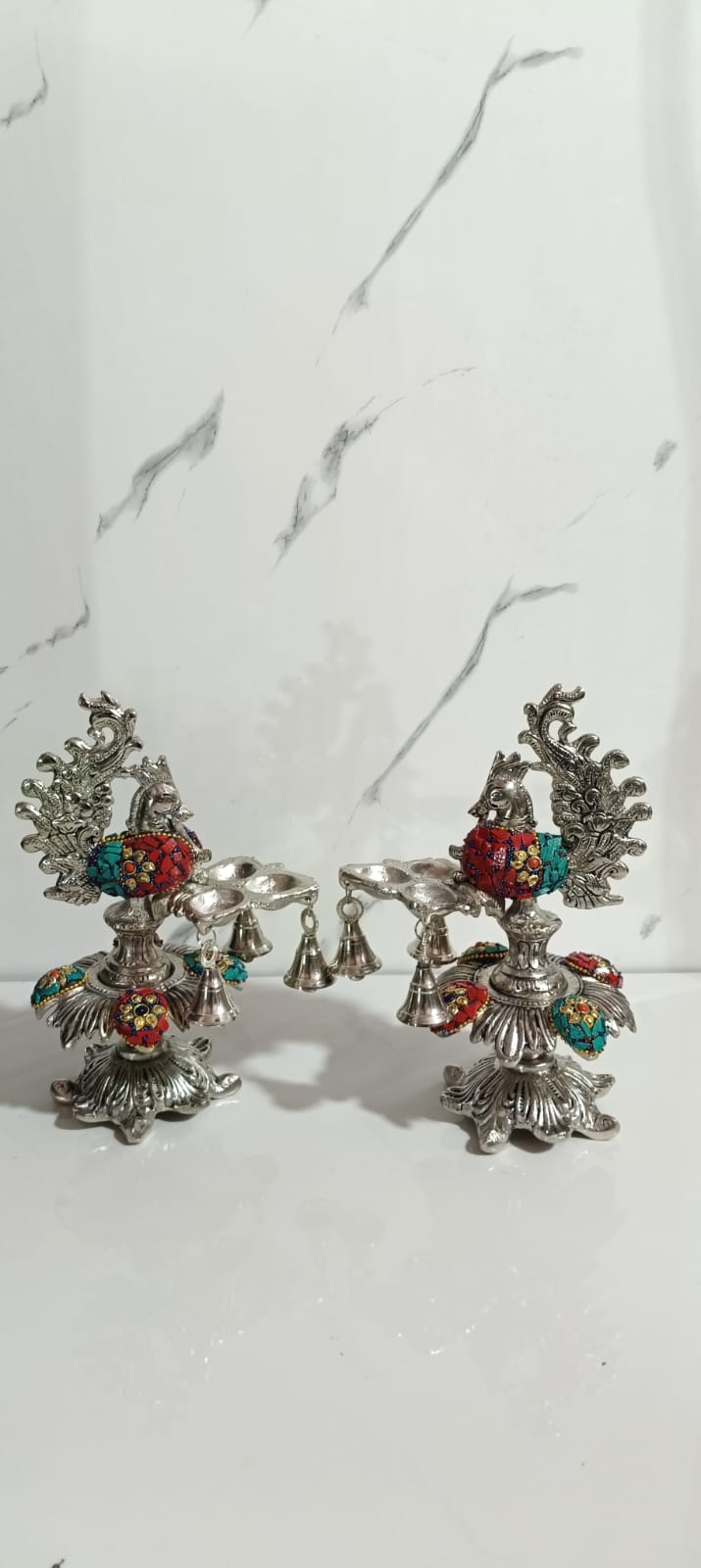 German silver trimukh peacock Diya samai with Stone art