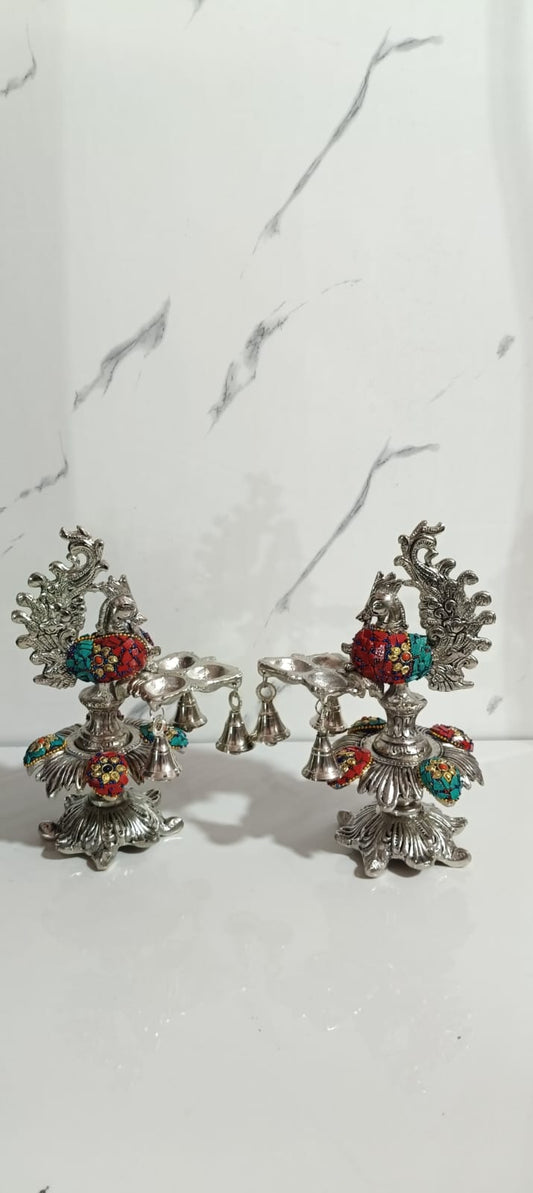 German silver trimukh peacock Diya samai with Stone art
