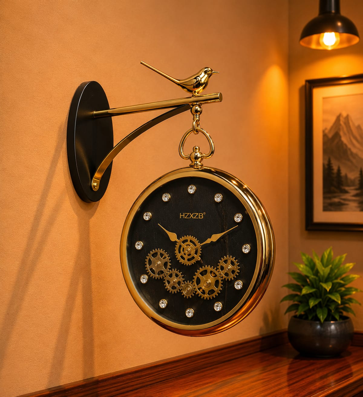 Moving Gear station Dual Dial Bird Pattern Wall Clock