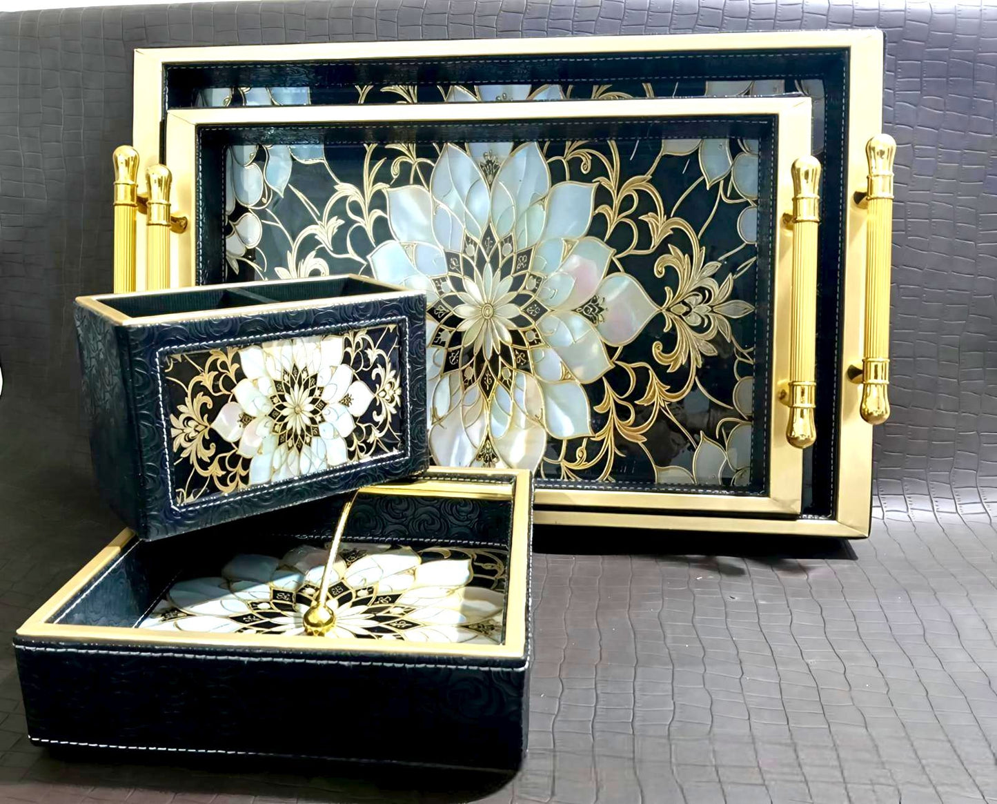 Luxury Leathered Tray Combo Set with Resin Top | Premium 4-Piece Serving & Organizer Collection
