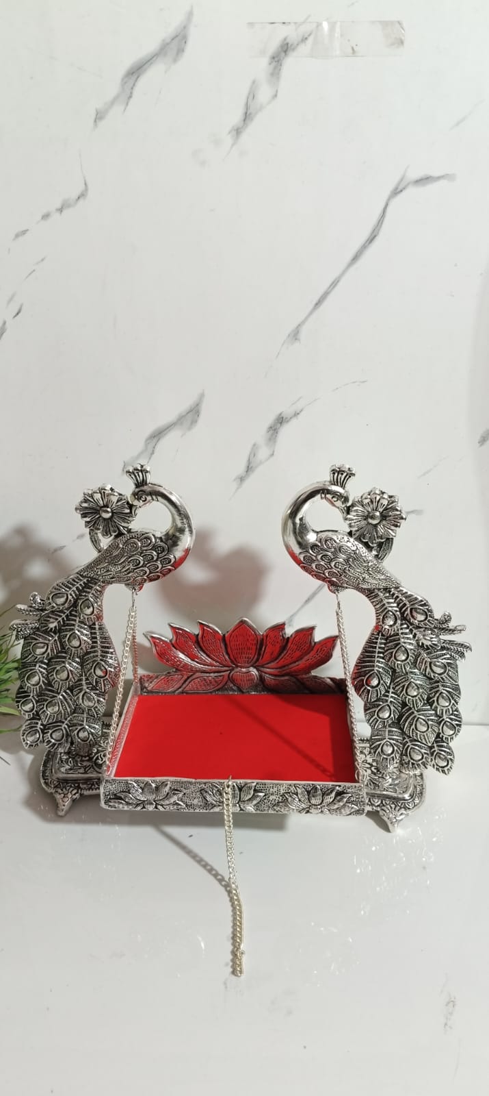 German Silver Plated Jumbo Peacock Laddu Gopal Jhula – 17×14 Inch 🦚✨