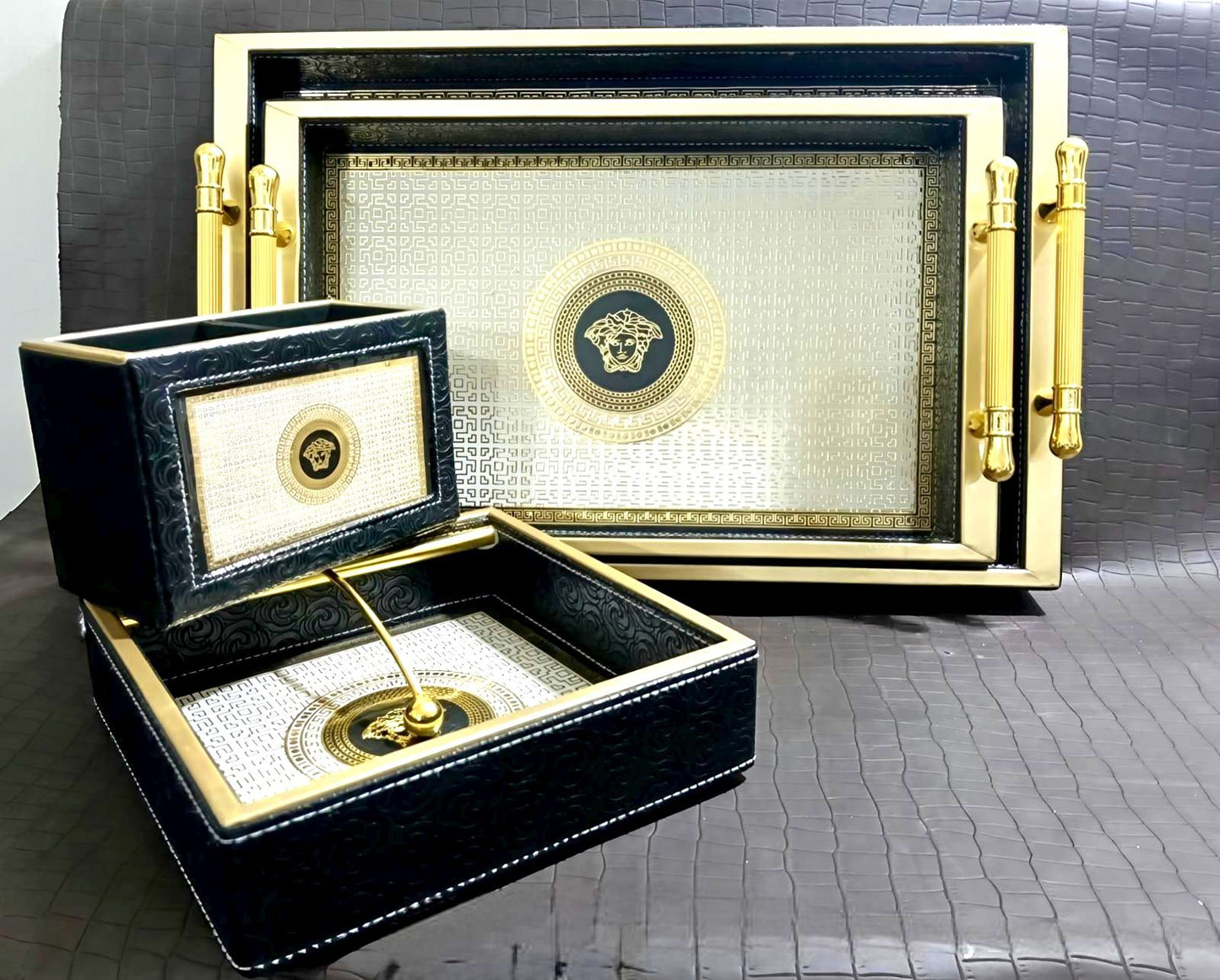 Luxury Leathered Tray Combo Set with Resin Top | Premium 4-Piece Serving & Organizer Collection