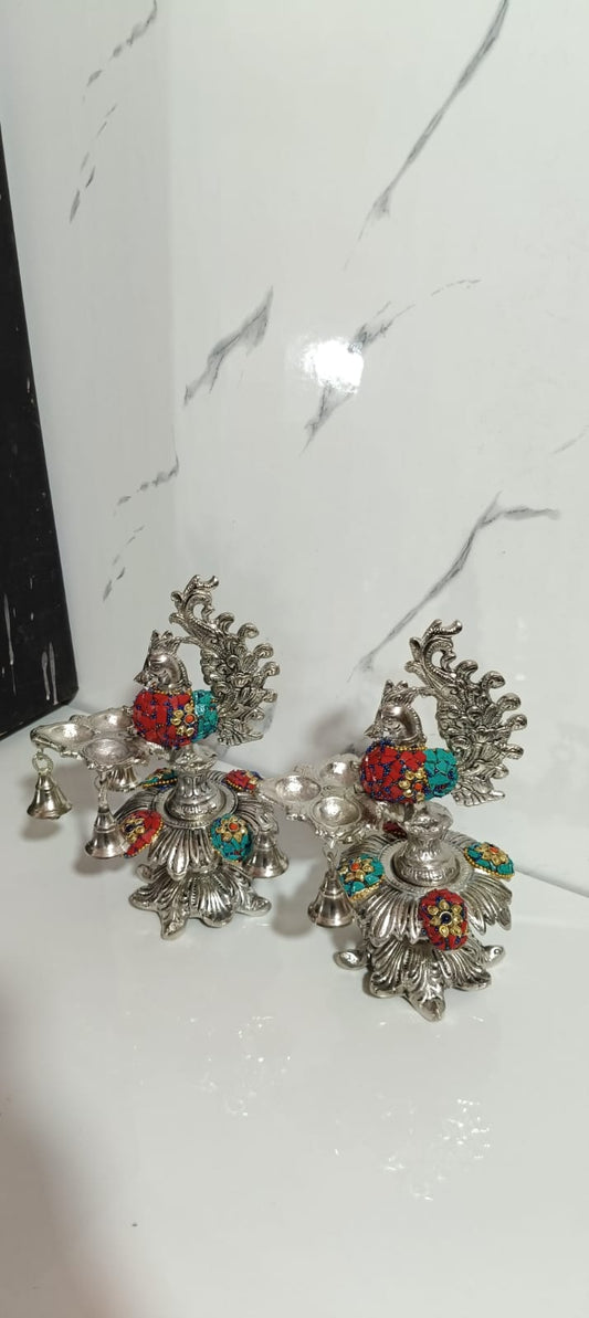 German Silver Trimukh Peacock Diya Samai pair