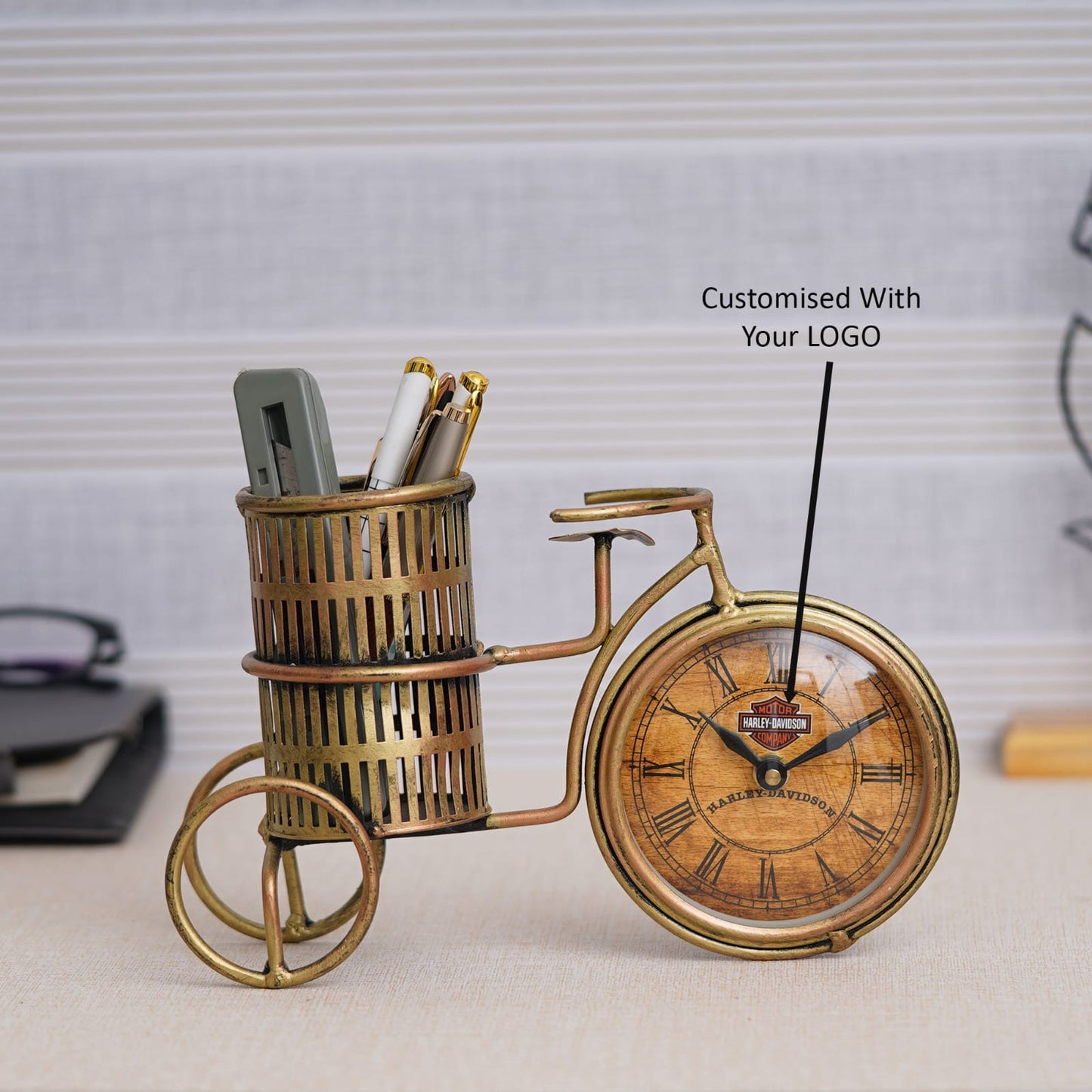 Premium Gift Set with Cycle Clock Pen Stand, Dry Fruits & Chocolates (Customisable)