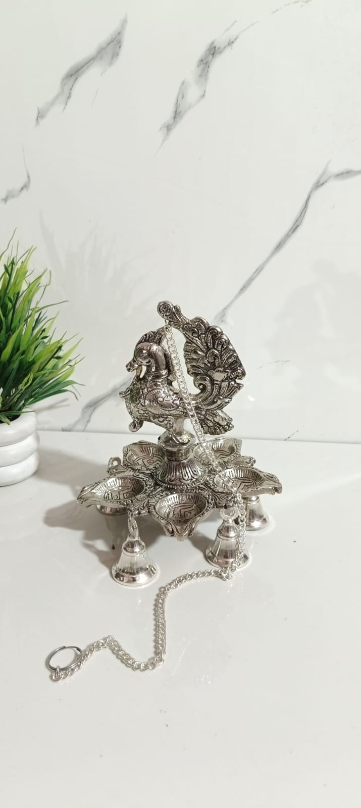 German Silver Peacock Panch Batti Diya with Chain Hanging , Set of 2 Pcs