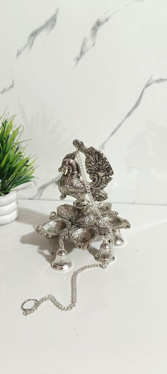 German Silver Peacock Panch Batti Diya with Chain Hanging , Set of 2 Pcs
