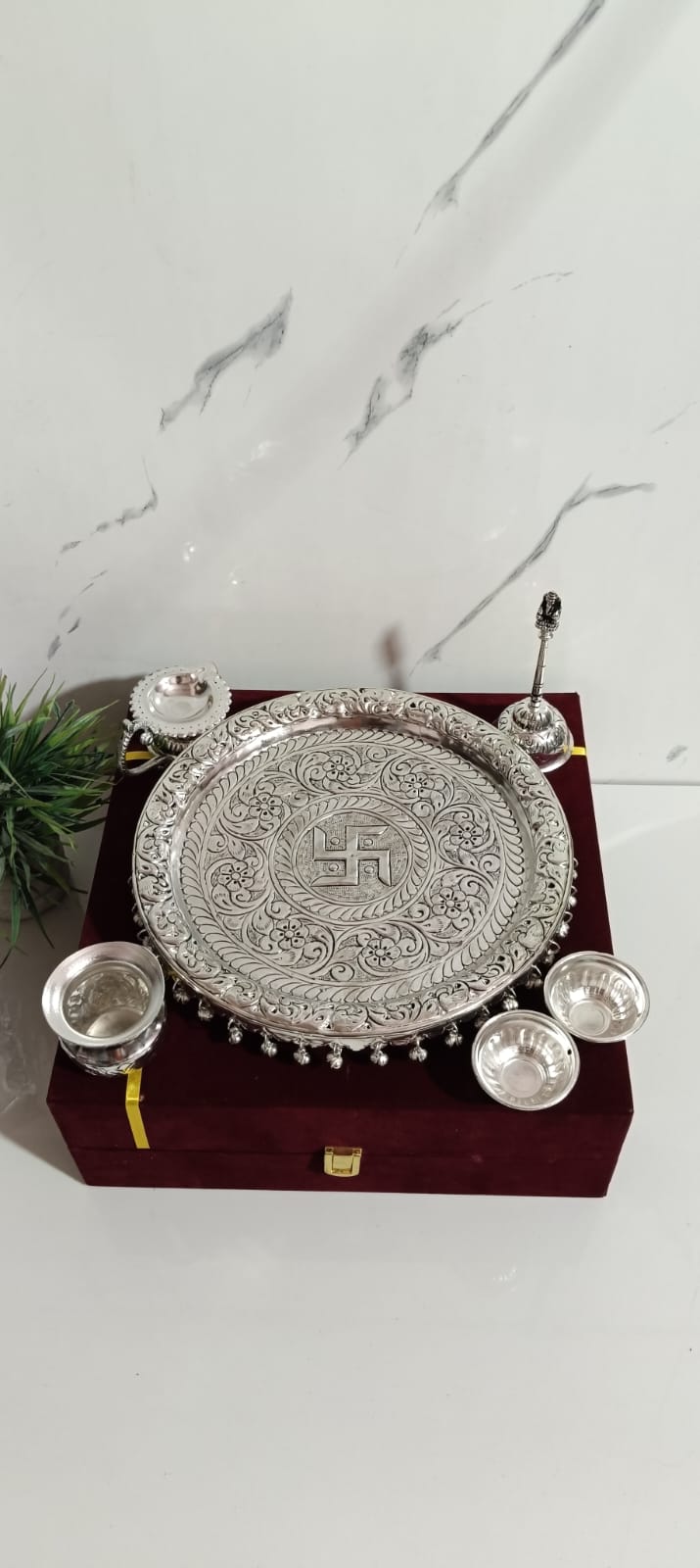 German Silver Pooja Thali Ghungroo pattern