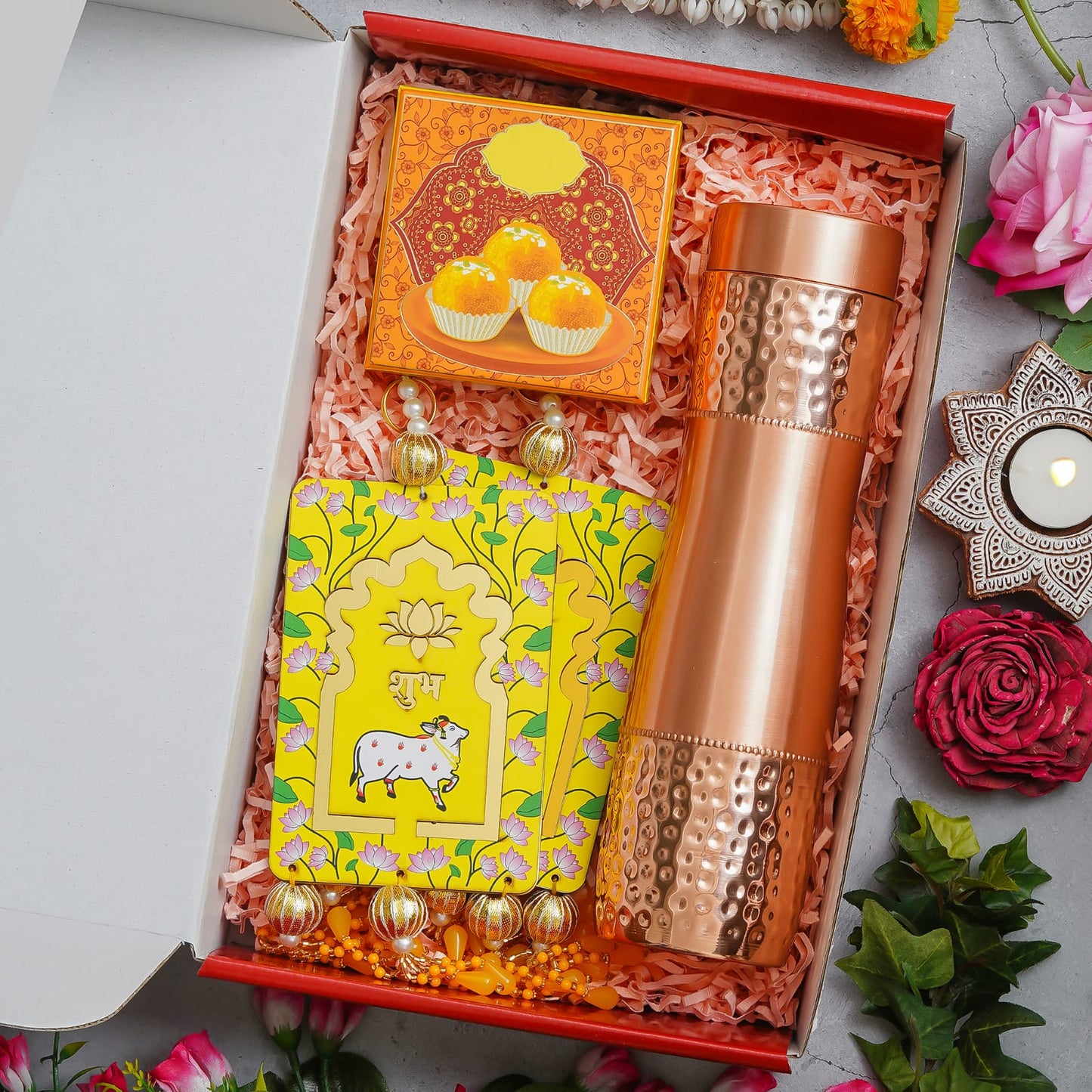 Copper Bottol Set With Candle With Elegant Gift box for Corporate Gifting|Festival Gifting|Occasional Gifting