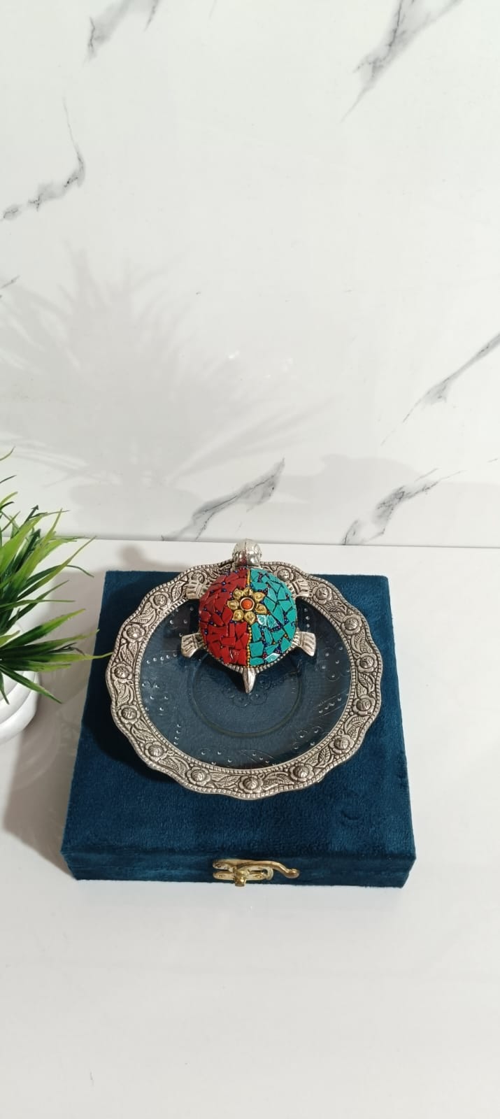 German Silver Turtle Plate with Stone Art (Set of 10 Pcs)