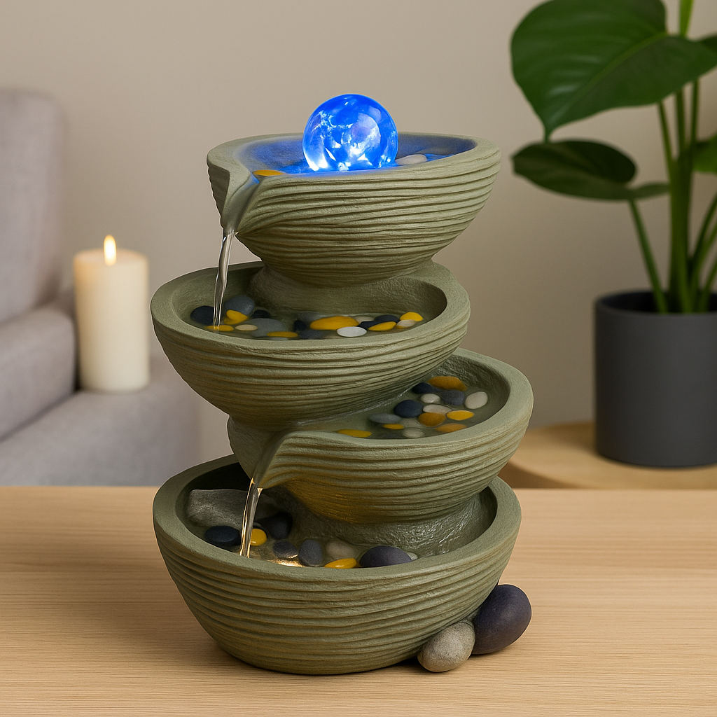 PC Home Decor | Blue LED Spiral Diya Fountain, Grey(16 inch )