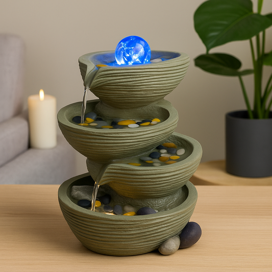 PC Home Decor | Blue LED Spiral Diya Fountain, Grey(16 inch )