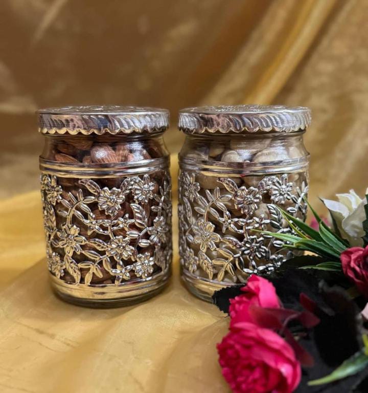 German Silver Floral Storage Jar Gift Set with Premium Velvet Box | Set of 2 Jar | Luxury Return Gift | 50 Box Set