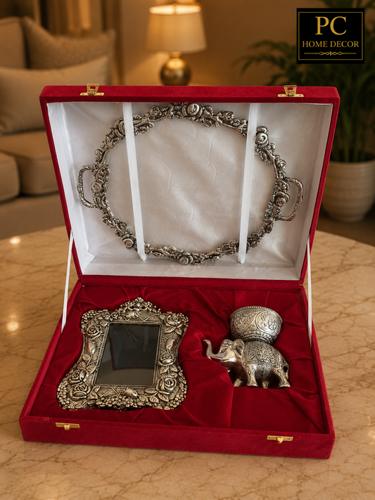 Royal Silver Gift Hamper Set with Photo Frame, Elephant Bowl & Designer Tray