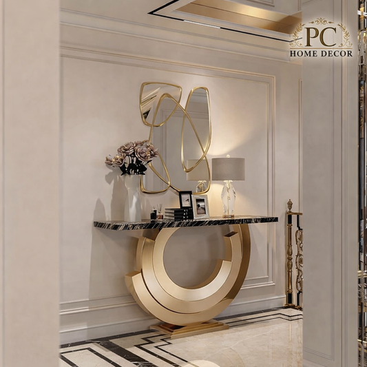 Luxury Circular Gold Console Table with Marble Top