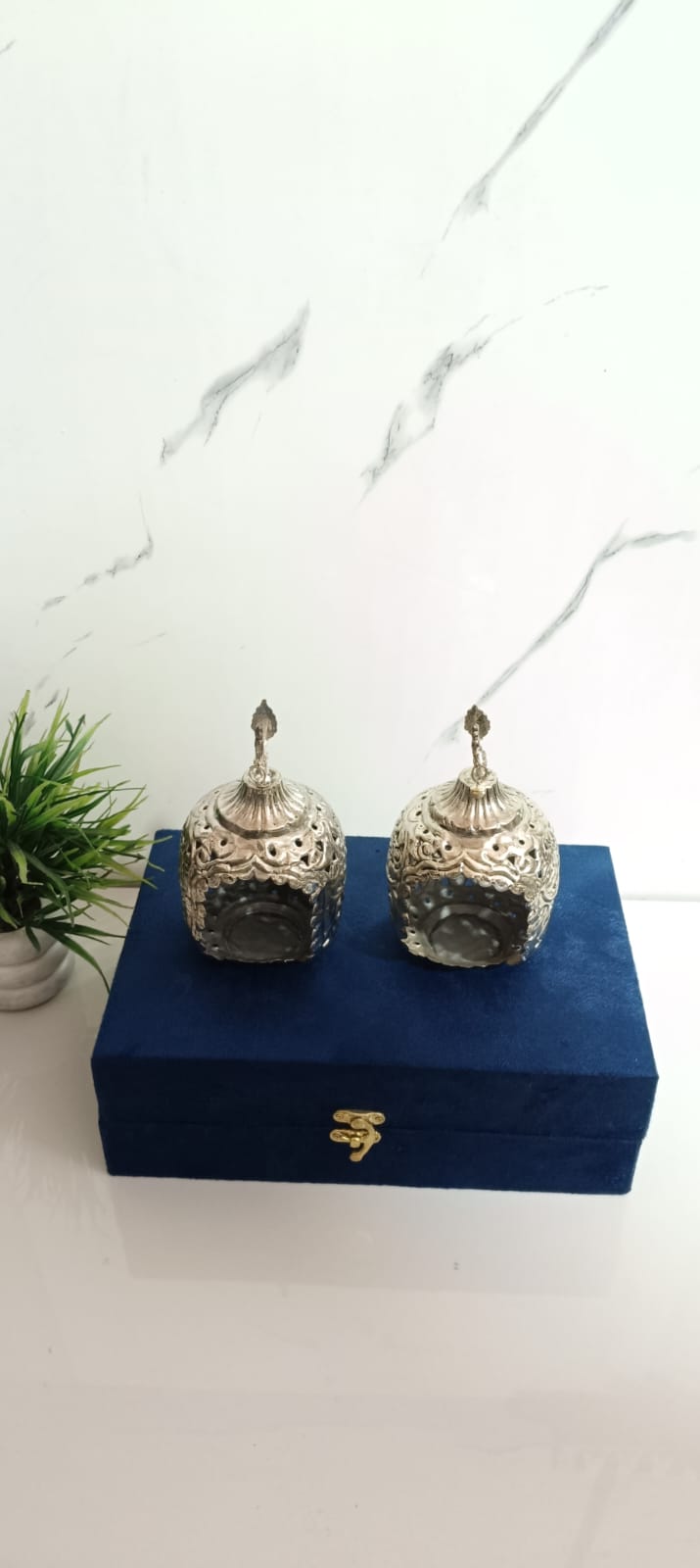 German Silver Plated T-light With Velvet Box, Set of 2 pcs