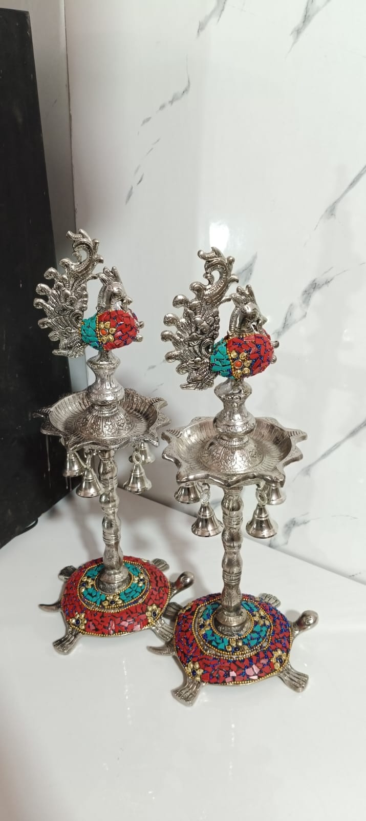 German Silver Tortoise 🐢 Samai Diya Pair with Peacock & Hanging Bells