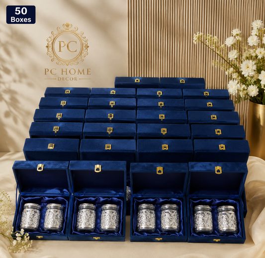 German Silver Floral Storage Jar Gift Set with Premium Velvet Box | Set of 2 Jar | Luxury Return Gift | 50 Box Set