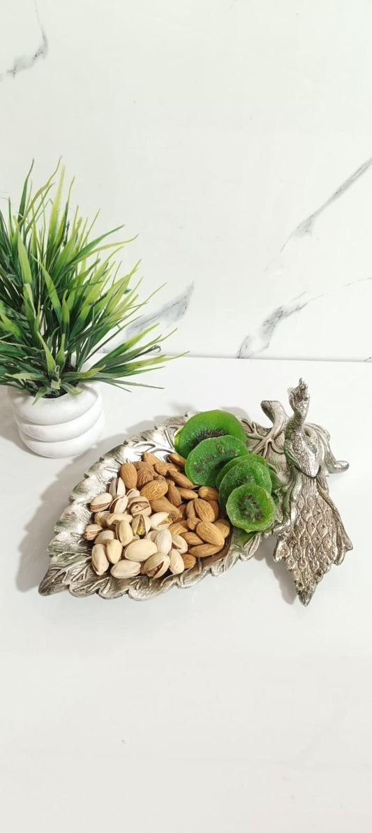 German Silver Leaf Platter With Adjustable Peacock,(Set of 2Pcs)