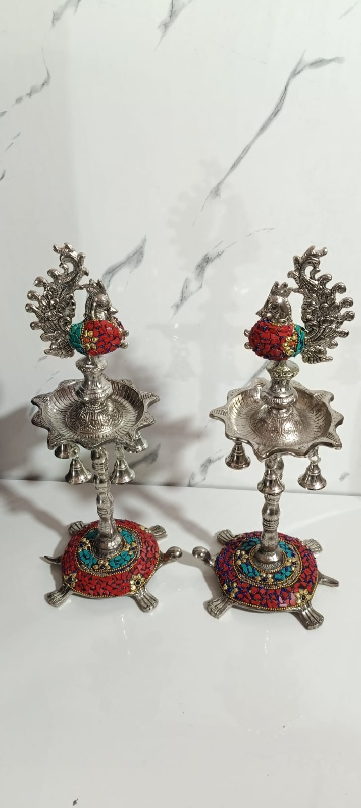 German Silver Tortoise 🐢 Samai Diya Pair with Peacock & Hanging Bells