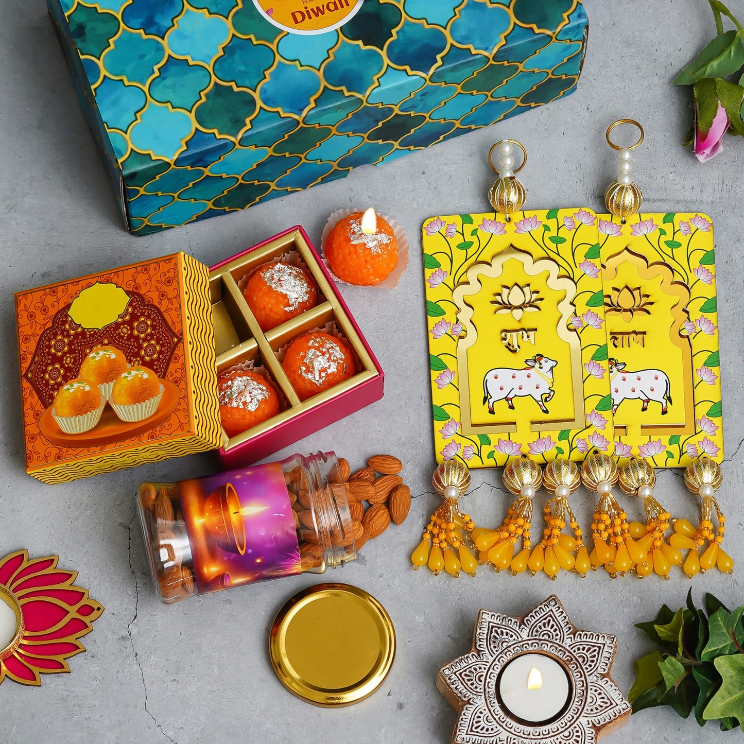 Festive Gift Set with Almonds, Ladoo Candles & Shubh Labh Hangings