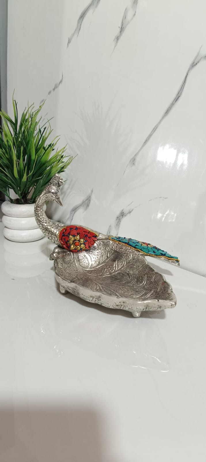 German Silver Peacock Dryfruit Platter in Stone Work, Set Of 2pcs