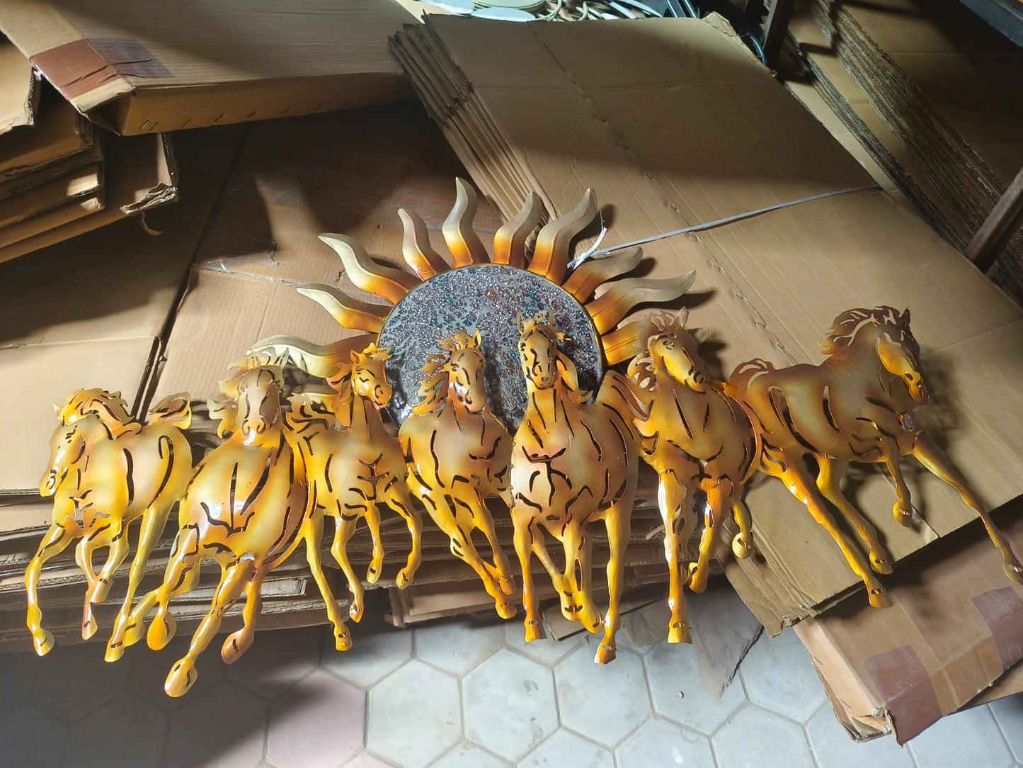 Elegant Golden Running 7 Horse With Sun Metal Wall Art