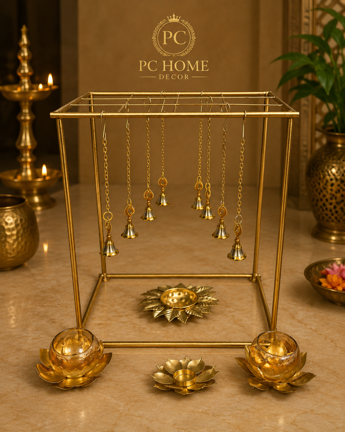Elegant Golden Decorative Stand with 8 Hanging Mayur Bell