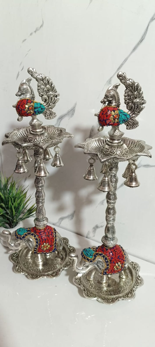 German Silver Elephant Samai Diya Pair With Hanging Bell