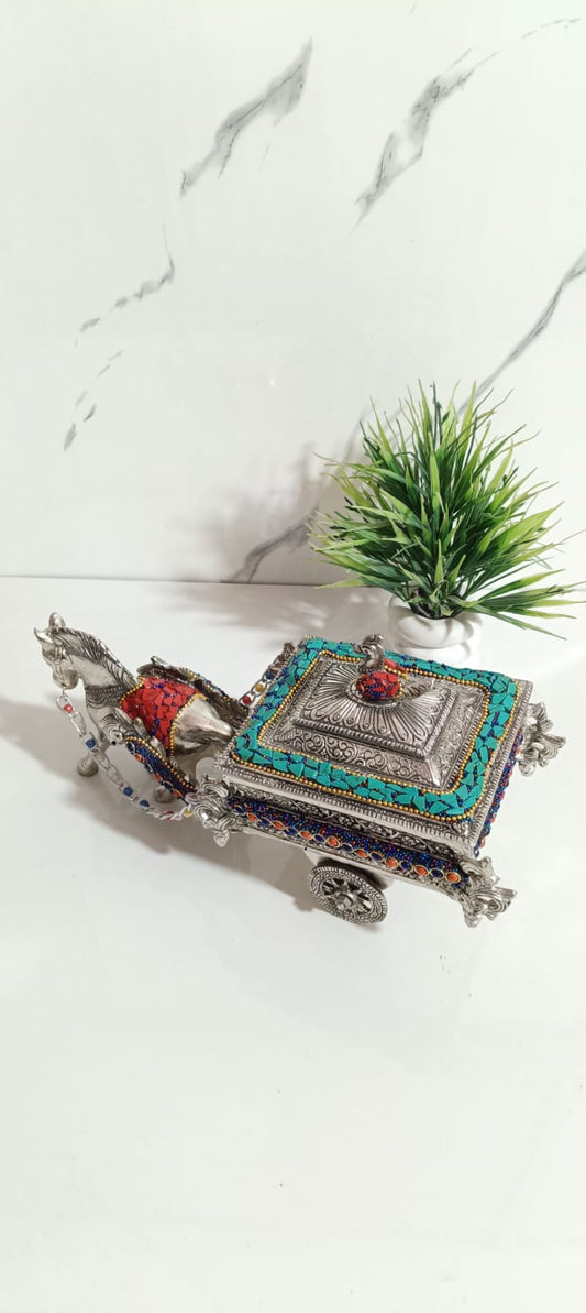 German Silver Horse Cart With Stone Art