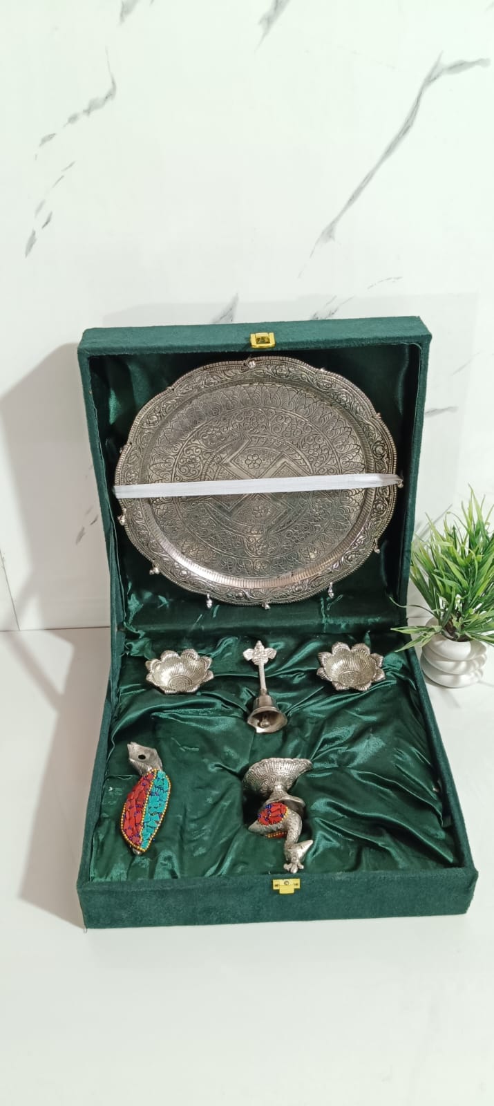 German Silver Pooja Thali With Peacock