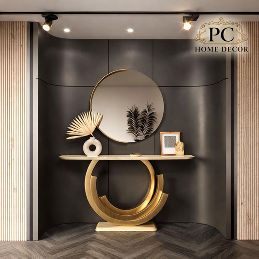 Designer Glossy Gold Console Table with Italian Marble Top