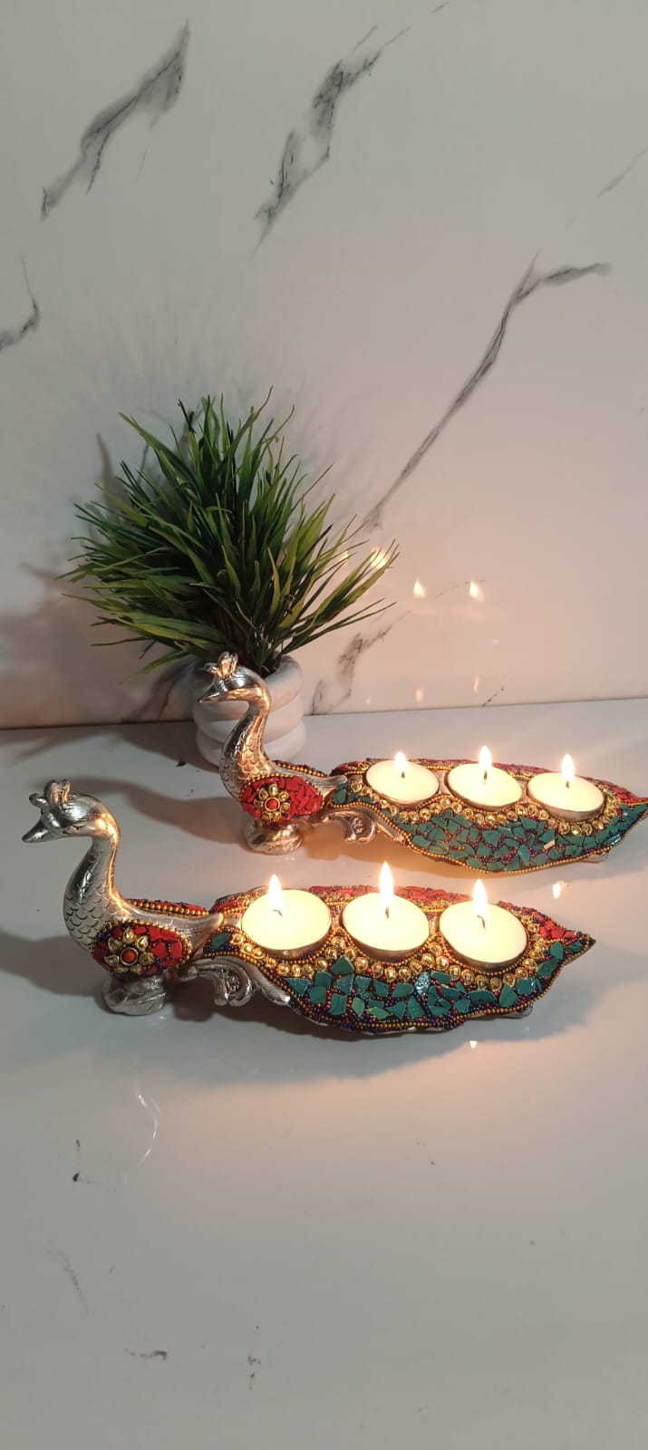 German silver long peacock 🦚🦚3 T-light holder with stone art