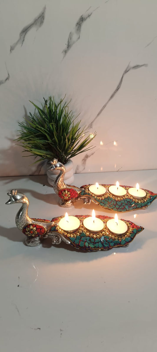 German silver long peacock 🦚🦚3 T-light holder with stone art