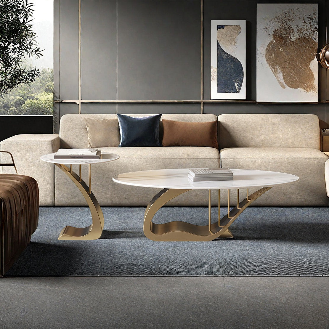Modern Nesting Coffee Table Set – White Marble Top with Gold Base