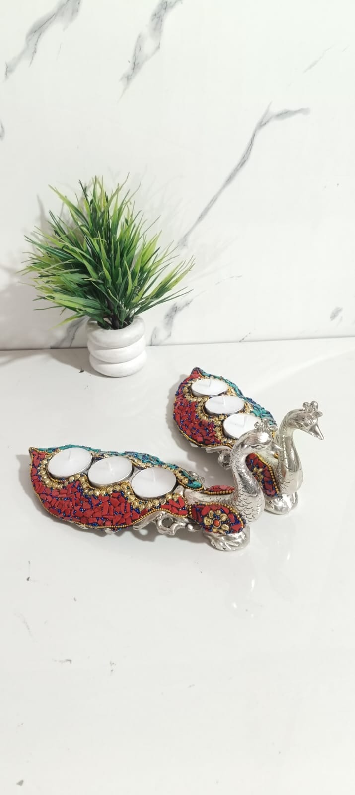 German silver long peacock 🦚🦚3 T-light holder with stone art