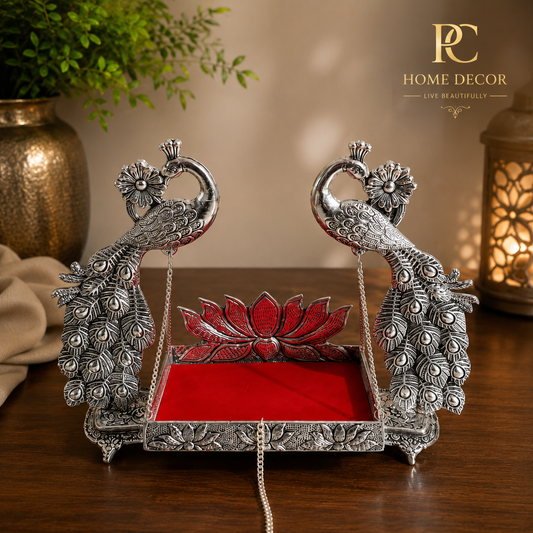 German Silver Plated Jumbo Peacock Laddu Gopal Jhula – 17×14 Inch 🦚✨
